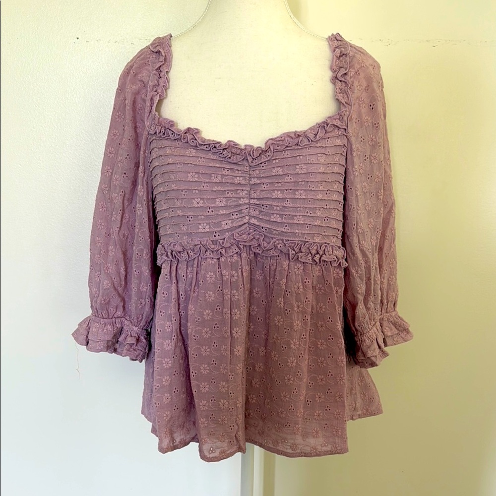 Auguste Eyelet Ruffle Square-Neck Blouse in Dusty Mauve